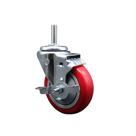 Service Caster 4 Inch Red Polyurethane Wheel Swivel 34 Inch Threaded Stem Caster with Brake SCC SCC-TS20S414-PPUB-RED-TLB-34212